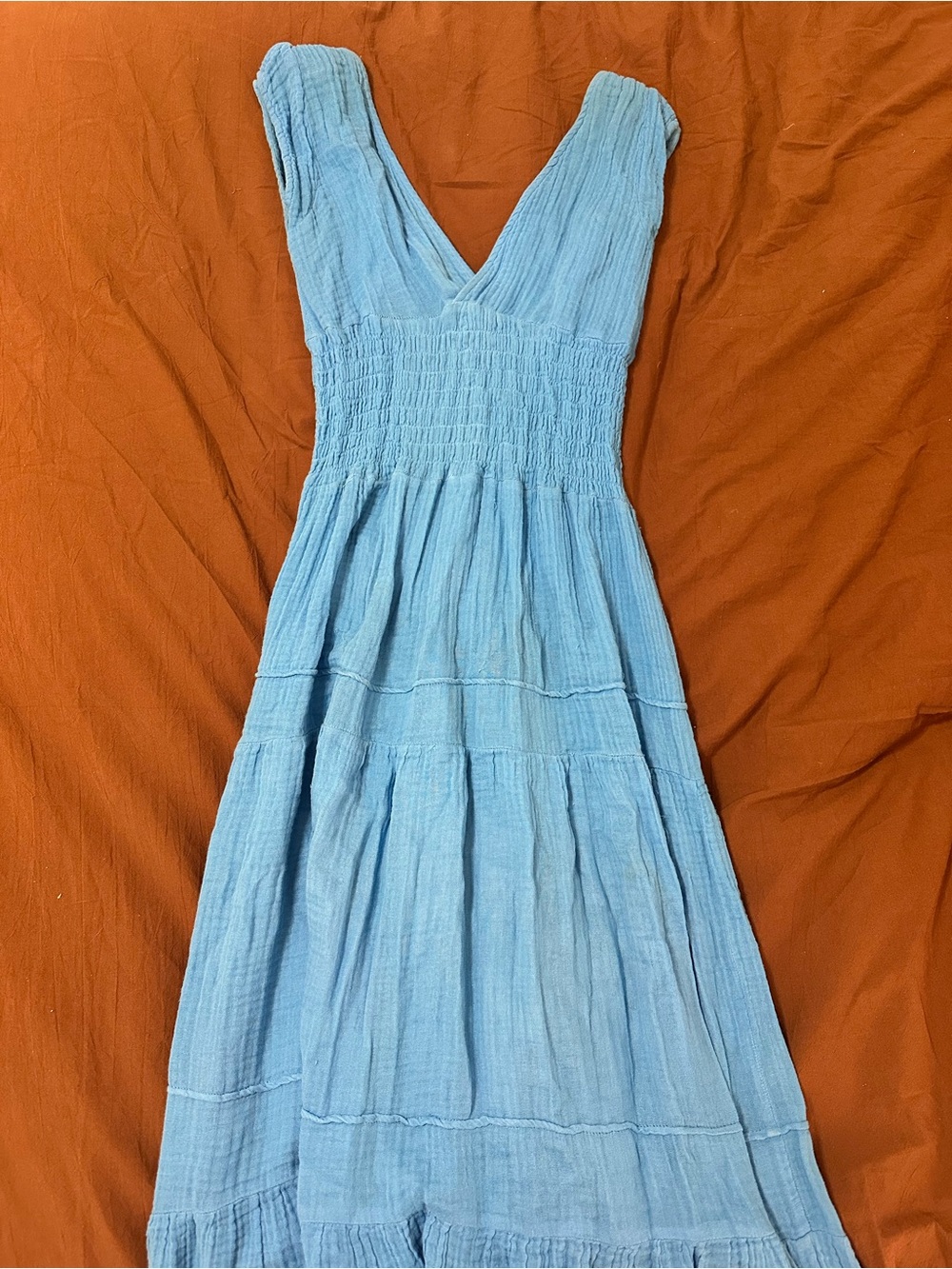 Electric Blue Linen Smocked V-Neck Maxi Dress
